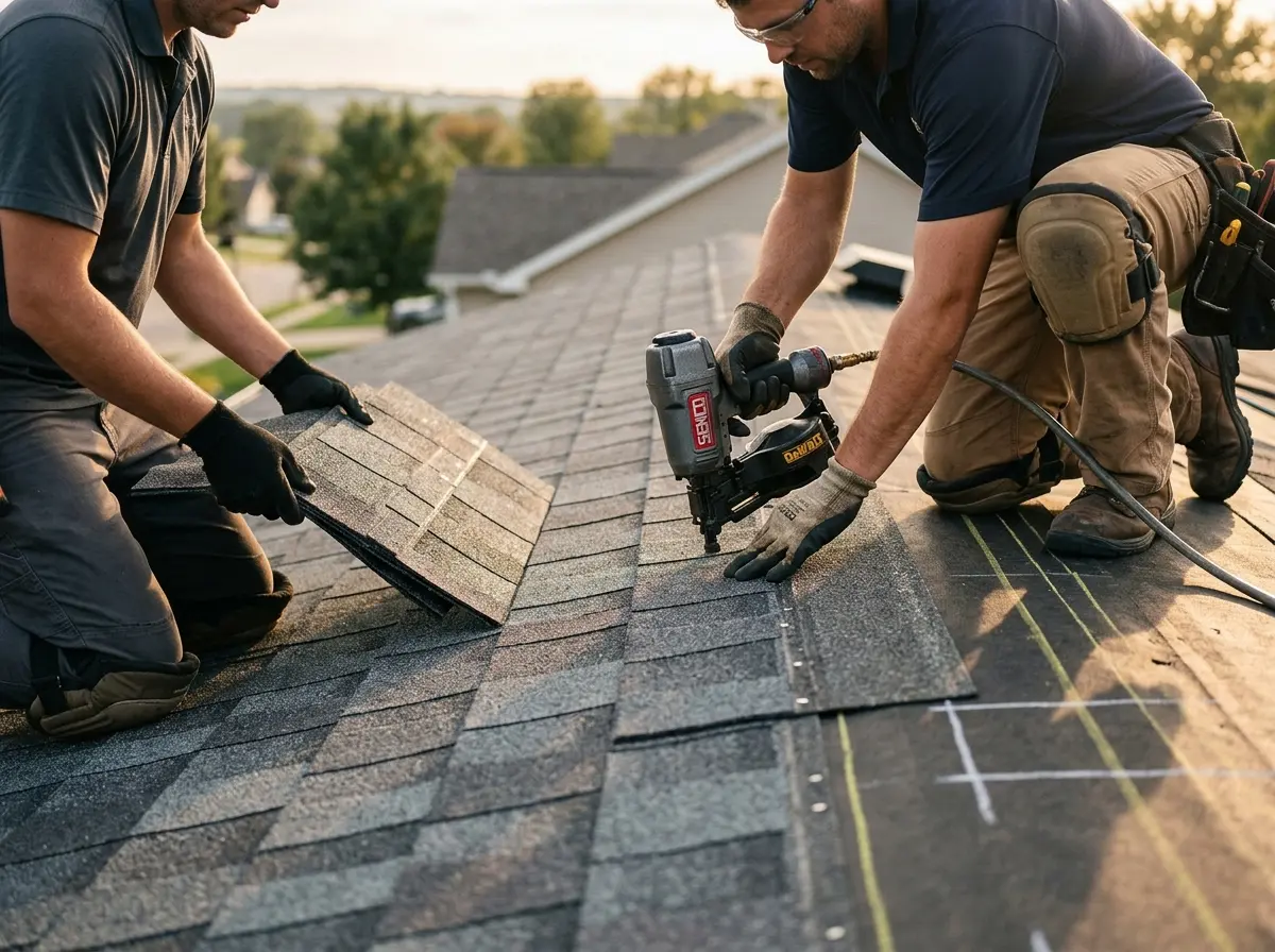 Professional roofer working on a residential roof in Enoch